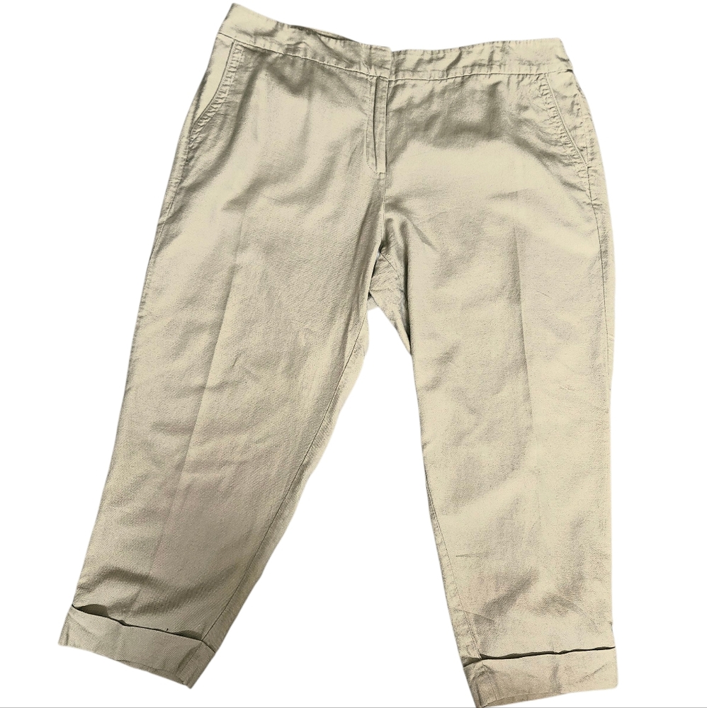 Eileen Fisher 100% Organic Cotton Cream Crop Capri Khakis L Large Roll Tab Cuff